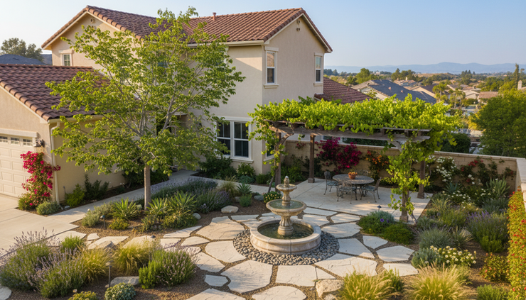 High-angle view of a garden with a shade tree, pergola, pale paving, and a small water feature