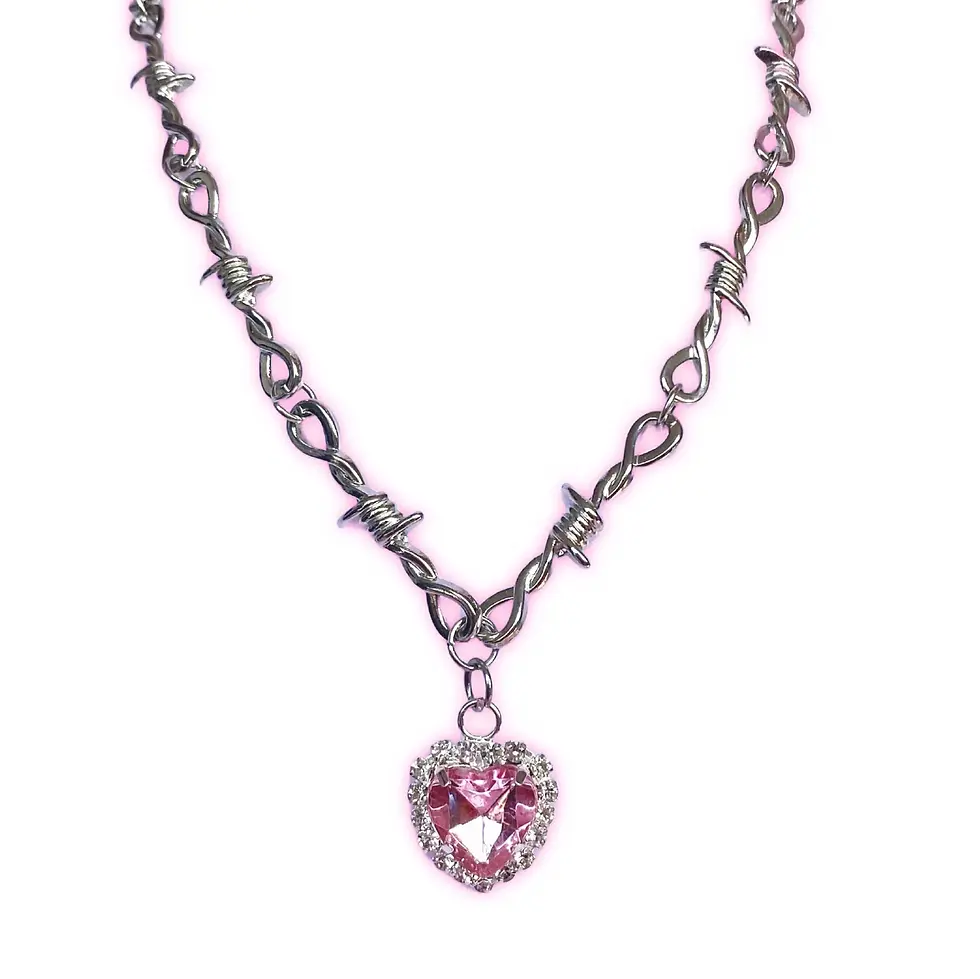Barbed wire pink heart necklace