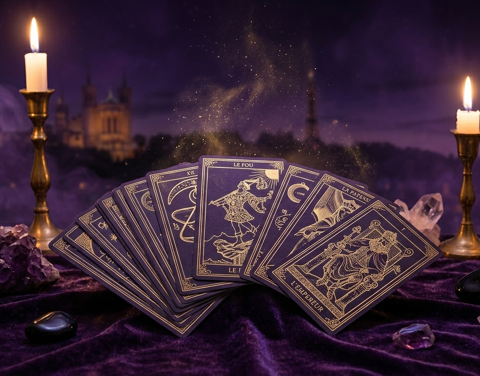 Éventail de cartes de tarot dorées sur velours violet pour une séance de voyance divinatoire avec Isabelle R à Lyon.