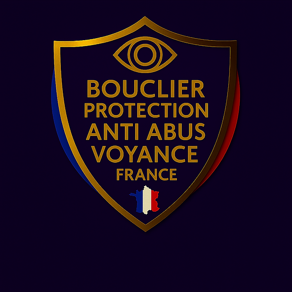 Blason officiel Bouclier Protection Anti Abus Voyance France, carte tricolore, œil symbolique, écusson doré.