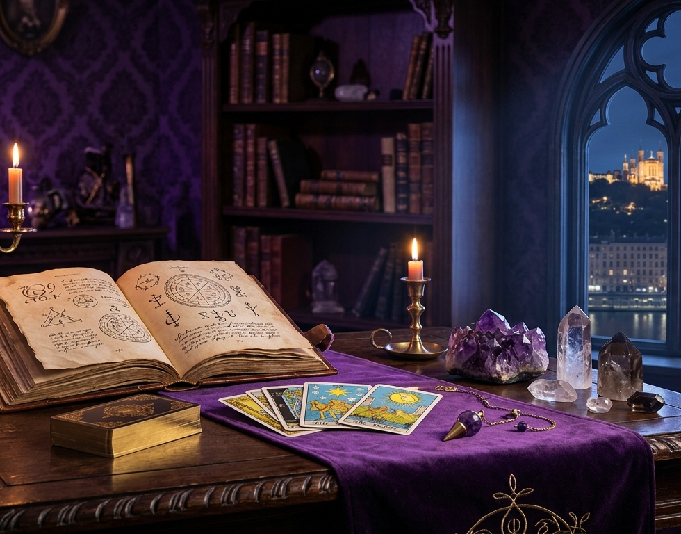 Ambiance élégante et mystique du cabinet de voyance Isabelle R à Lyon : vue panoramique sur un bureau en bois ancien avec cartes de tarot, pendule, cristaux et grimoire ouvert, devant une fenêtre offrant une vue subtile sur Lyon la nuit.