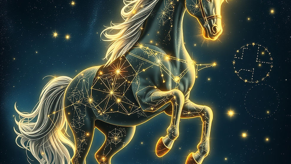 Cheval licorne céleste doré cabré dans un ciel étoilé, crinière blanche lumineuse, constellation scintillante.