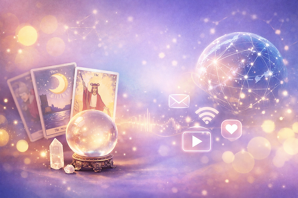 Illustration d’un univers de tarot et de voyance représentant la présence en ligne et les plateformes de contenus