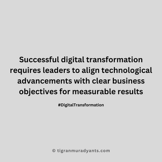 Quote card stating: 'Successful digital transformation requires leaders to align technological advancements with clear business objectives for measurable results' #DigitalTransformation