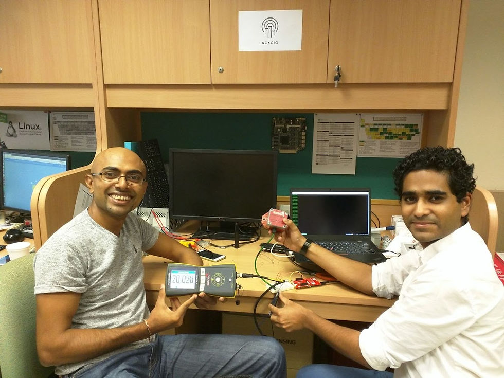 Ackcio startup founders posing with their prototype