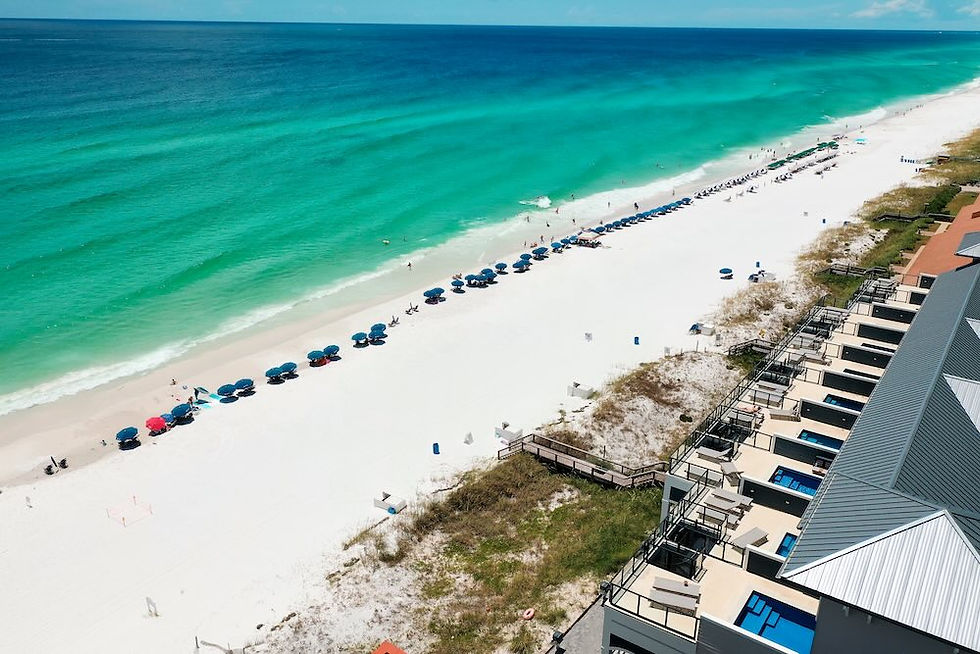 Destin beachfront cityscape with tall buildings along a sandy shore.