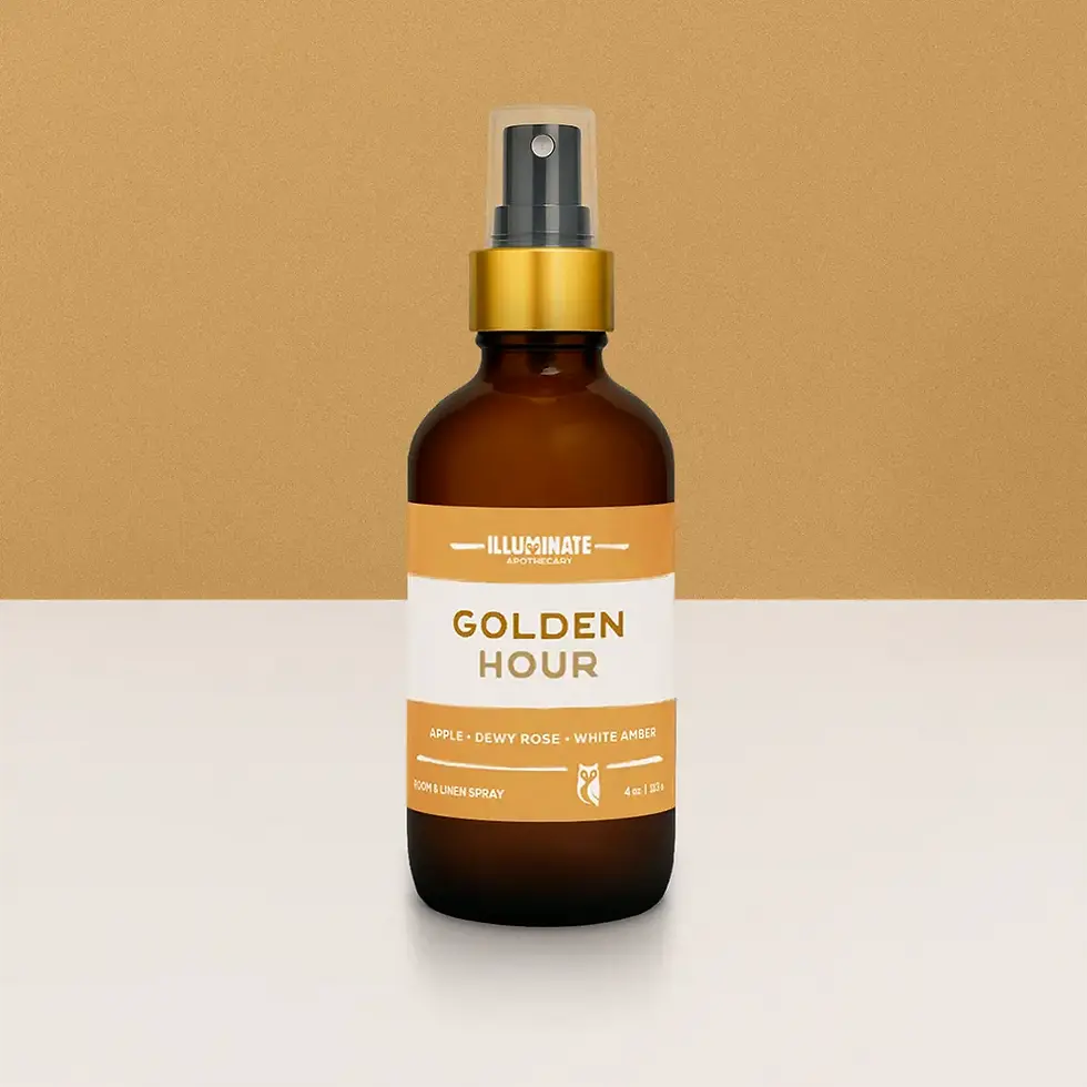 Golden Hour Room & Linen Spray in an amber glass bottle
