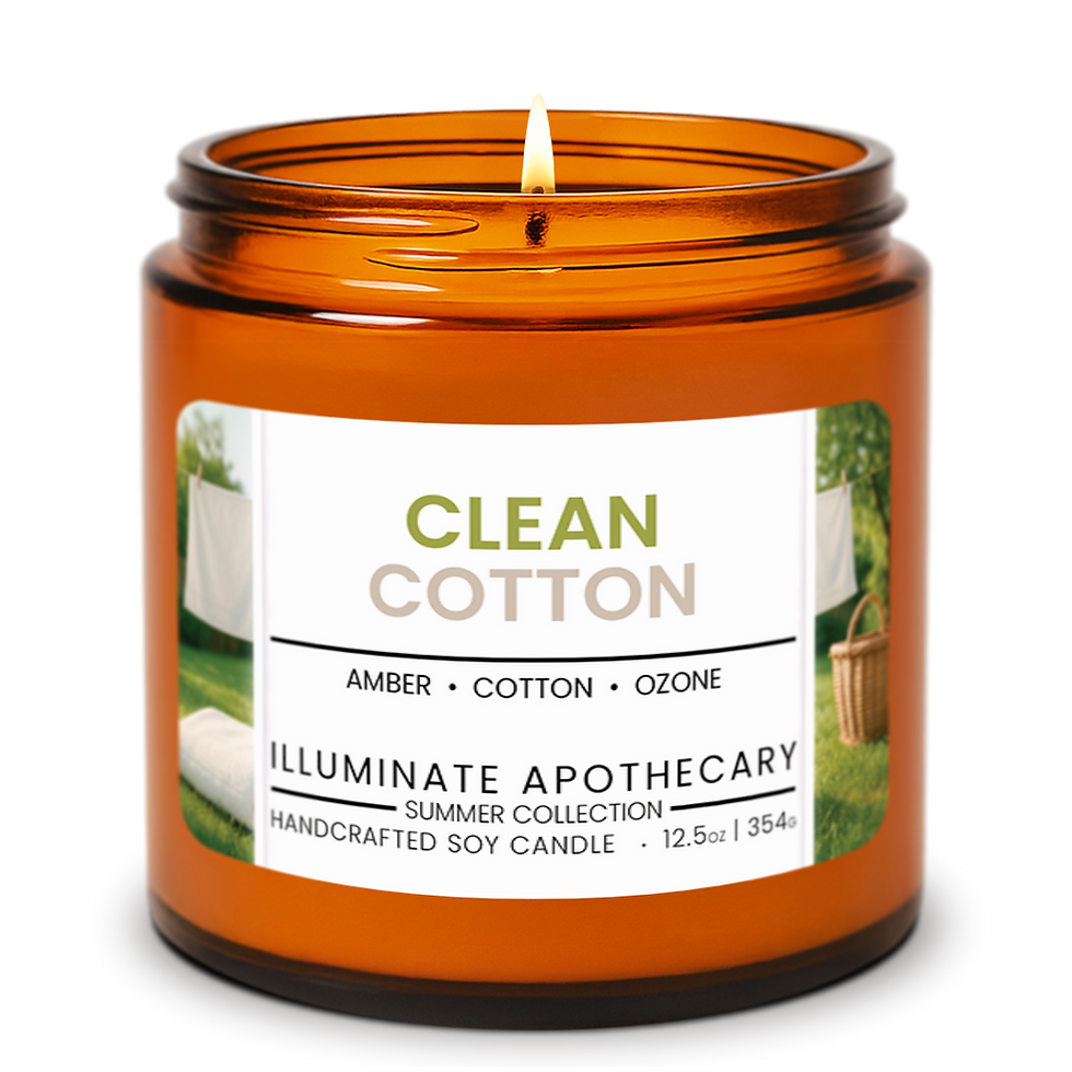 Large jar of Clean Cotton soy candle, blending fresh ozone, floral notes, and warm woods for a clean, comforting fragrance.
