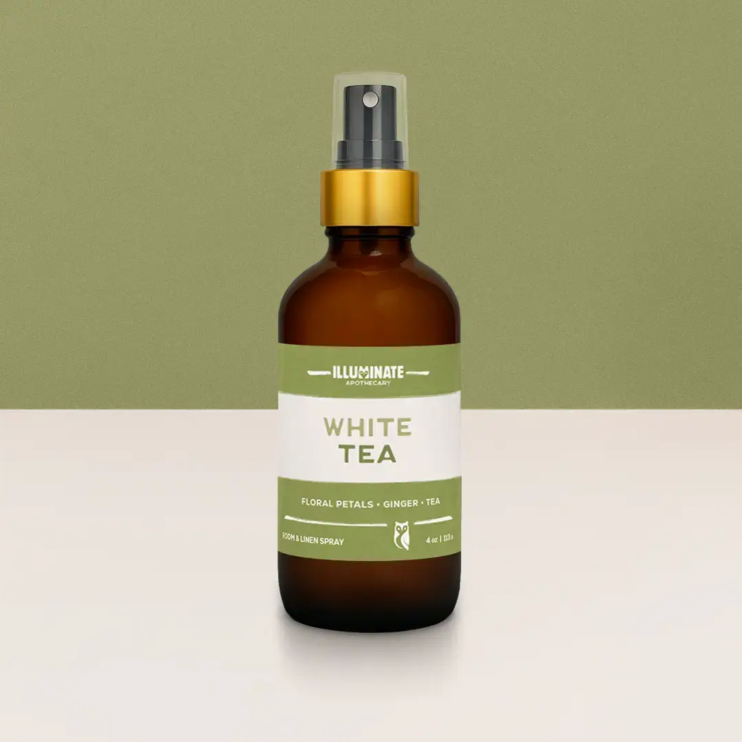 Brown spray bottle with White Tea label