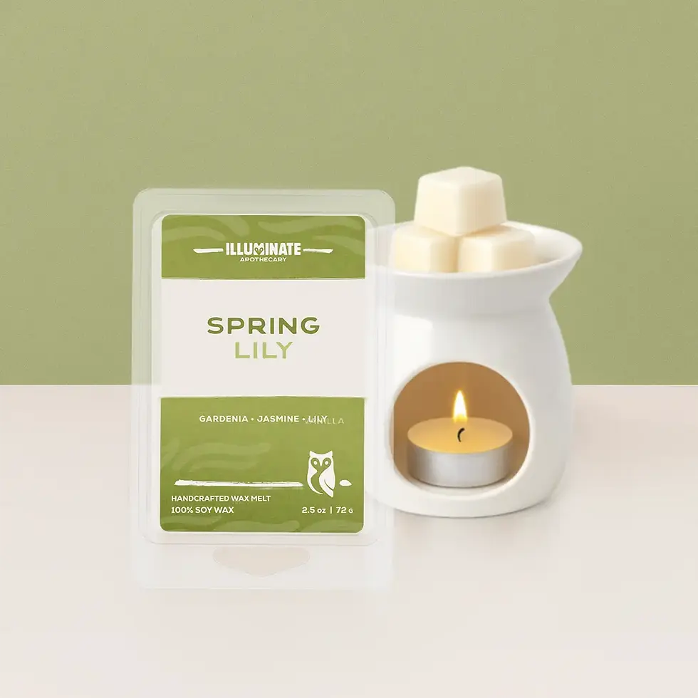 Wax warmer with lit candle and Spring Lily wax melts