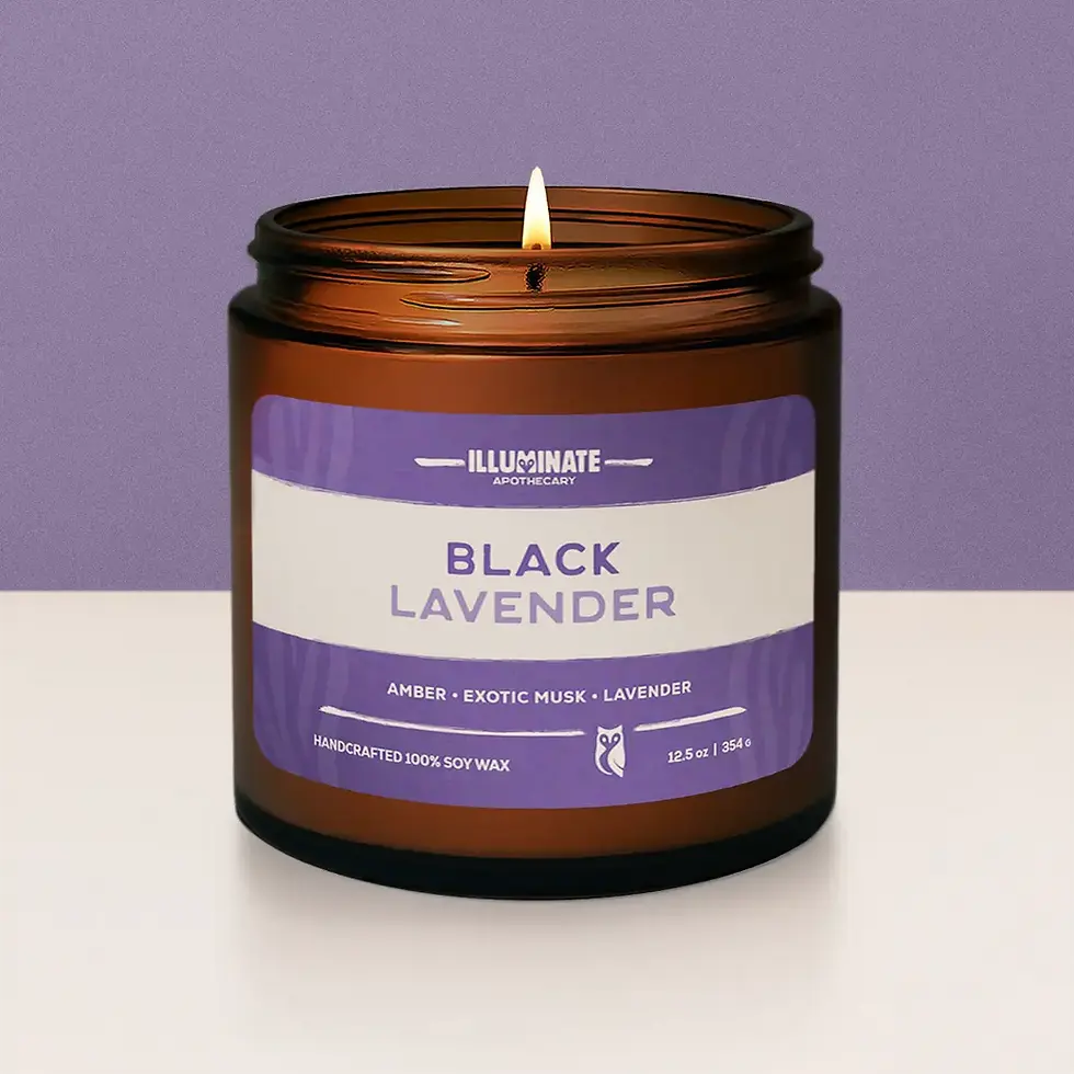 Lit Black Lavender candle in amber jar
