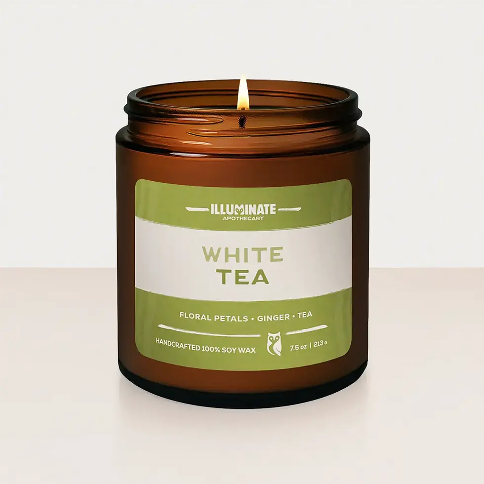 Lit amber jar candle, WHITE TEA label