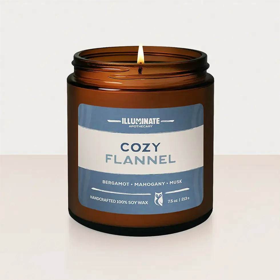 Lit Cozy Flannel soy wax candle in amber jar