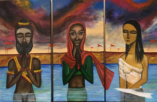 Three figures in vibrant, colorful clothing and backgrounds, Naga sanyas, transgender and a widow taking bath in Kumbh mela