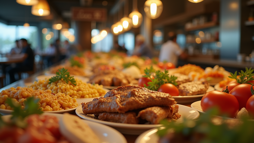 Eye-level view of a beautifully arranged local food display in a hotel restaurant