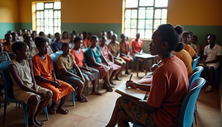 High angle view of a community workshop on autism awareness in Uganda