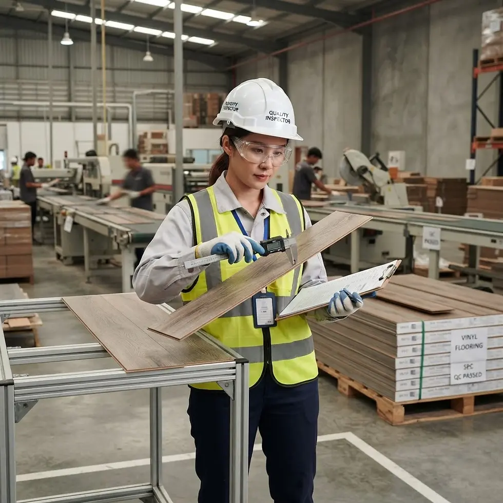Industrial photography of a female worker inspecting wood planks with a measuring tool. She is focused on quality control in a busy factory setting.