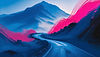 Generate an abstract photograph of a mountain peak and a winding road, slightly blurred, f