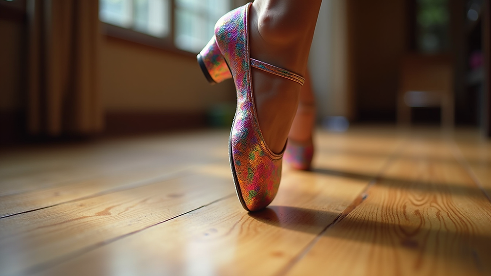 Close-up view of a colorful dance shoe on a wooden floor