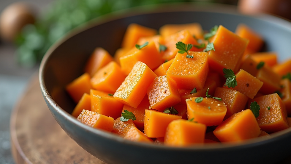 Eye-level view of a bowl filled with cooked sweet potatoes