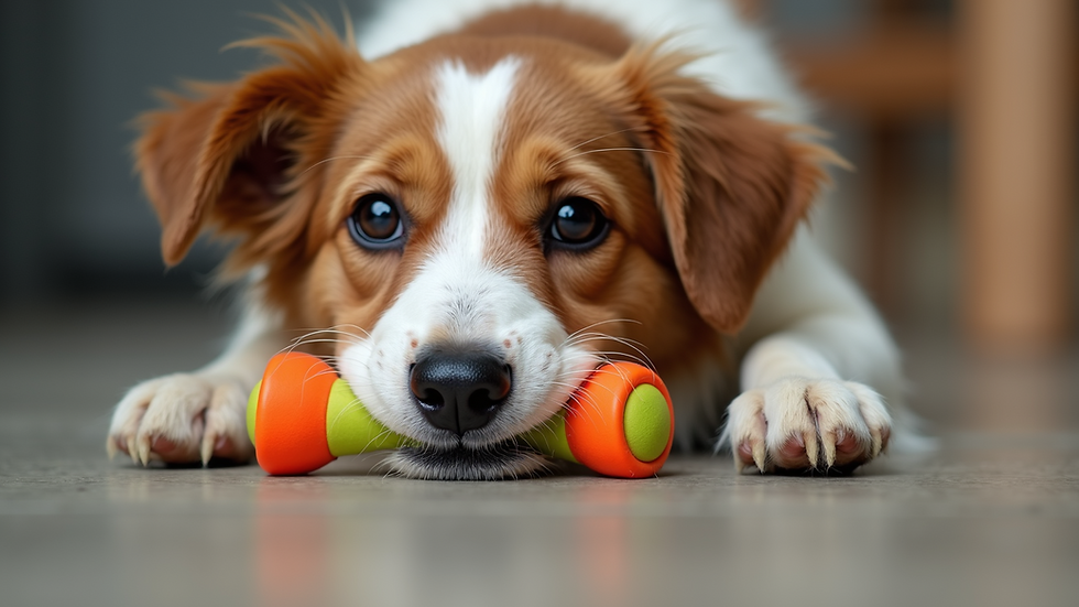 Eye-level view of a dog chewing on a colorful chew toy