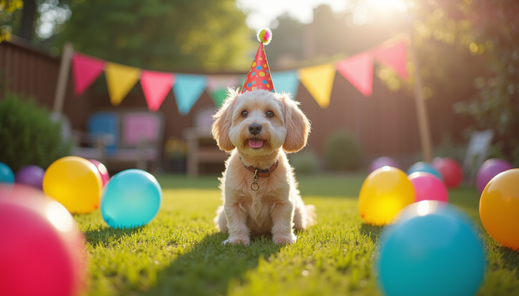 Eye-level view of a colorful dog birthday party setup in a backyard with balloons and decorations