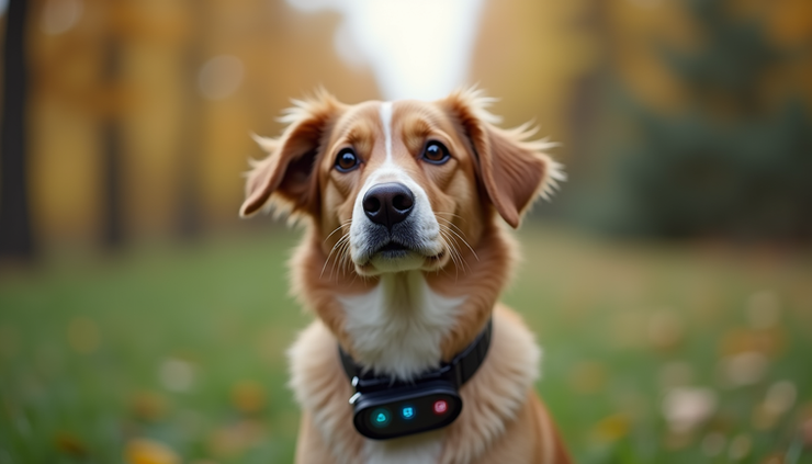 Close-up of a dog wearing a smart collar with health tracking features