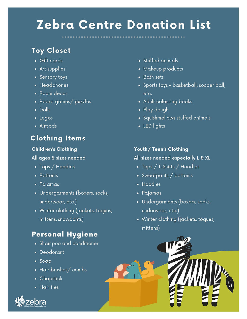 Zebra Centre Wish list for toys