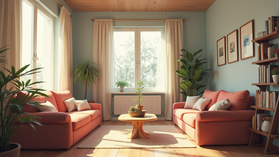 Eye-level view of a decorated living room with anime pet art