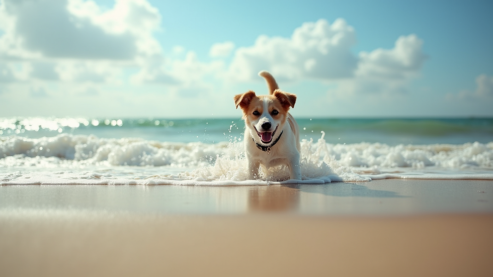 Eye-level view of a sandy beach with a dog playing in the waves