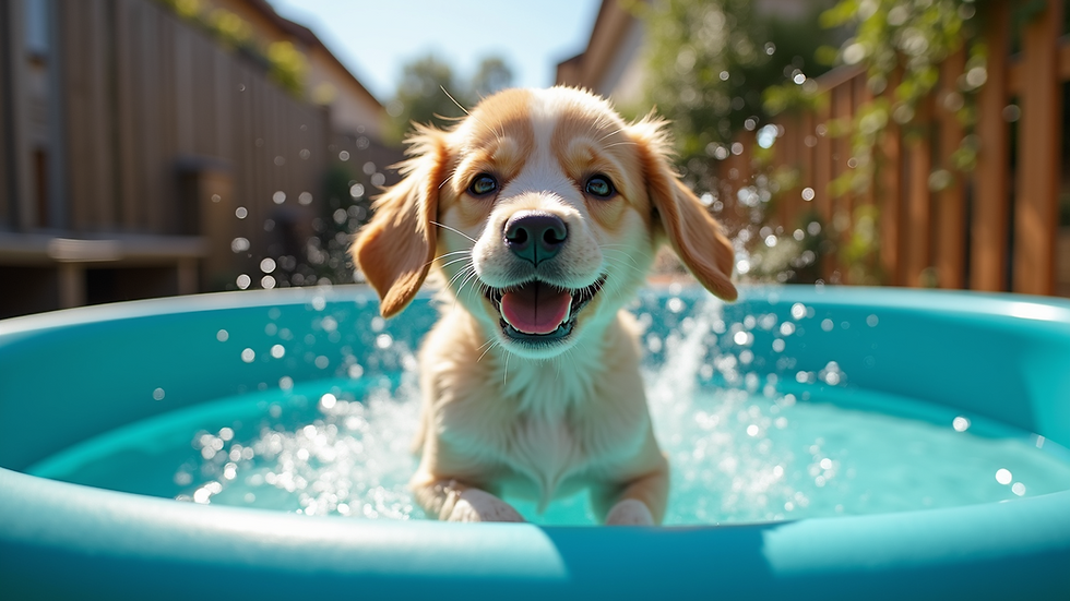 Eye-level view of a dog splashing in a kiddie pool