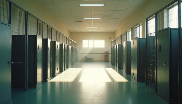 Eye-level view of a quiet animal shelter with empty kennels and natural light
