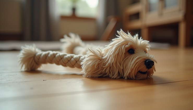 Eye-level view of a braided rope dog toy made from recycled fabric strips