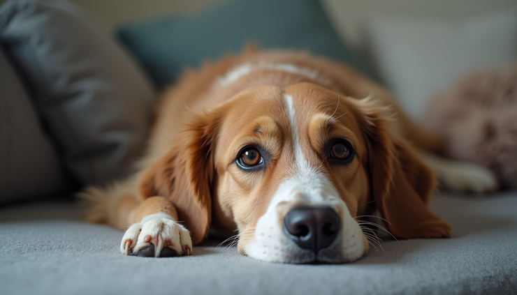 Eye-level view of a dog resting on a couch with a calm expression