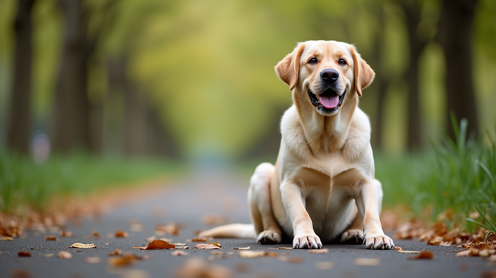 Eye-level view of a happy Labrador retriever sitting on a park path