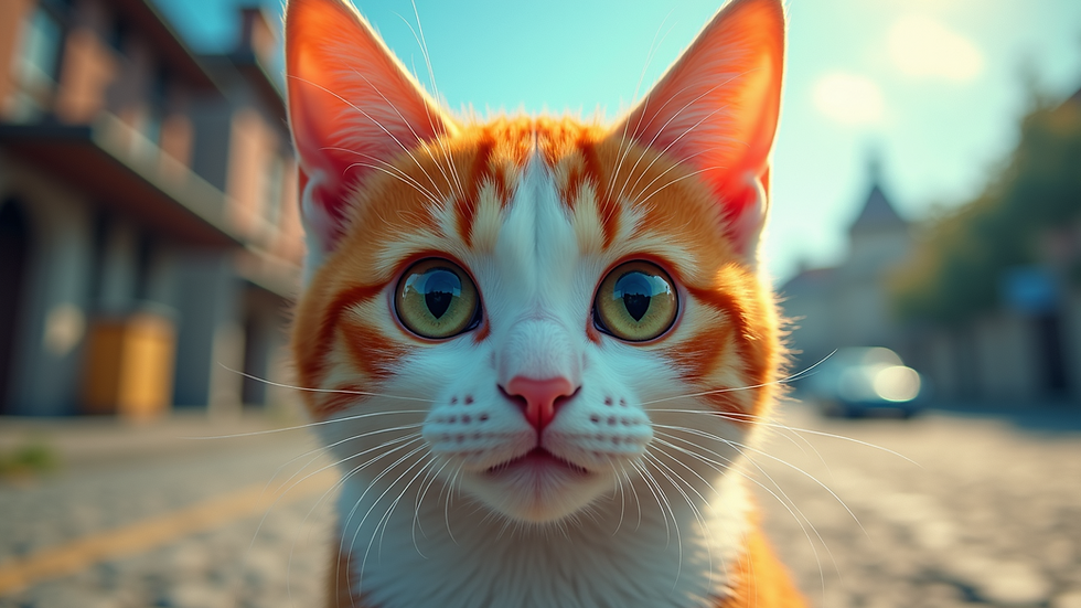 Eye-level view of a colorful anime-style cat portrait