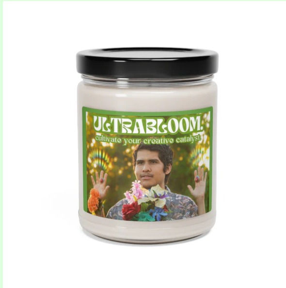 Scented Soy Candle Front View, "ULTRABLOOM: cutivate your creative catalyst"