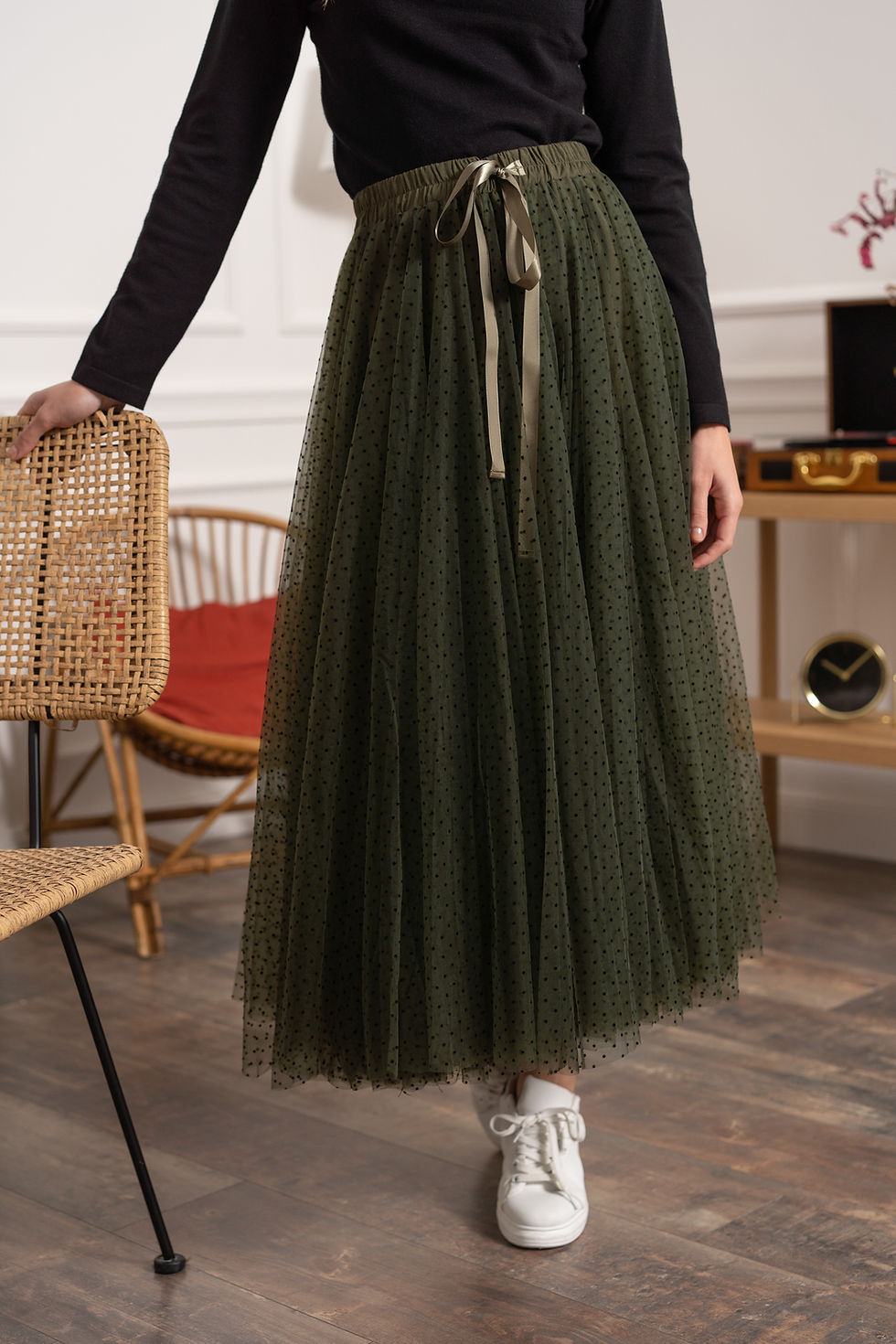 Thumbnail: Erika tulle skirt - khaki and polka dot