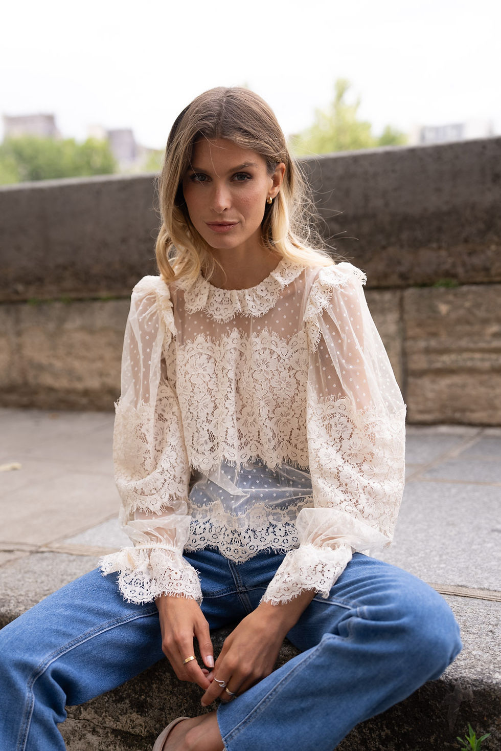 Thumbnail: Anais - Detailed Lace with frilly collar - Ecru