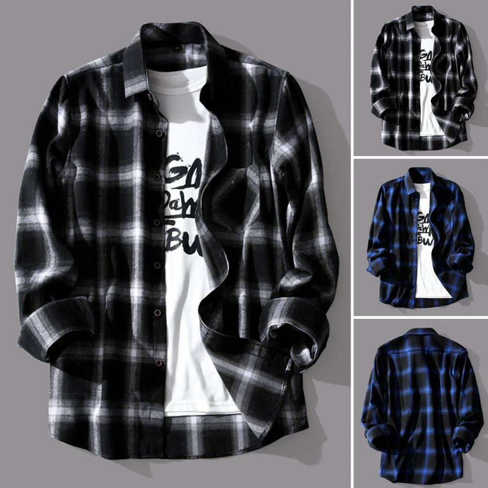 Check Shirts Men Plaid Shirt Coat Lapel Single-breasted Autumn Shirt Jacket Over
