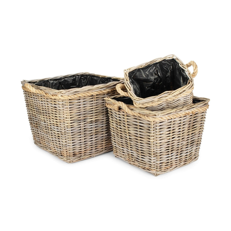 Miniaturbild: Square Tapered Rope Handled Rattan Planter With Plastic Lining