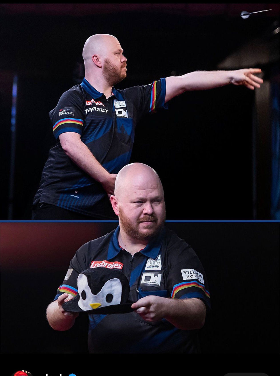 Justin Hood wearing a custom WG Customs darts shirt