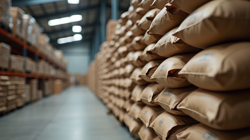 Eye-level view of coffee bags stacked in a warehouse ready for wholesale distribution