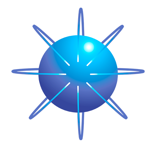 VistaCare symbol. It is a large blue ball with fine lines orbiting around it. The symbol resembles an atom with electrons circling it.
