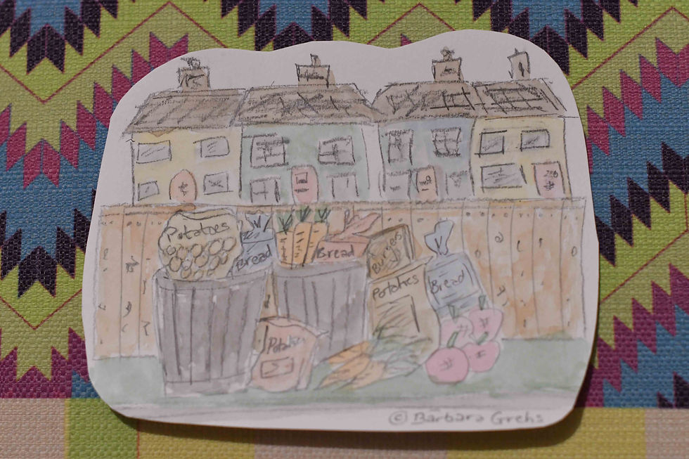 My cartoon of houses with bins outside overflowing with discarded food