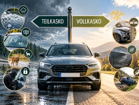 Vergleich zwischen Teilkasko und Vollkasko: Ein Auto steht zwischen zwei Landschaften. Die Teilkasko wird durch Hagel, Glasschaden, Wildunfall und Diebstahl dargestellt, die Vollkasko durch Unfallschäden und Kratzer am eigenen Fahrzeug.