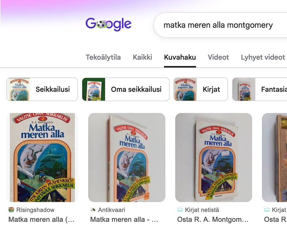 Kuvakaappaus Google-hausta termillä "Matka meren alla Montgomery". Näkyvissä -85 julkaistun kirjan kansia eri lähteistä.