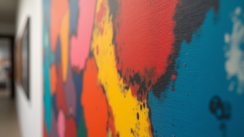 Close-up view of a colorful abstract painting displayed at PeakArt Gallery Accra