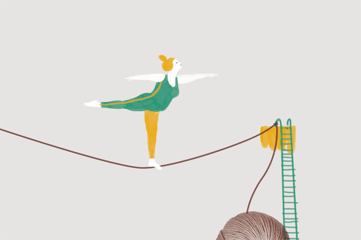 Ginnasti e acrobatici che fanno acrobazie con un gomitolo di lana per le cartelle colori dell'azienda di filati italiana Lanerossi