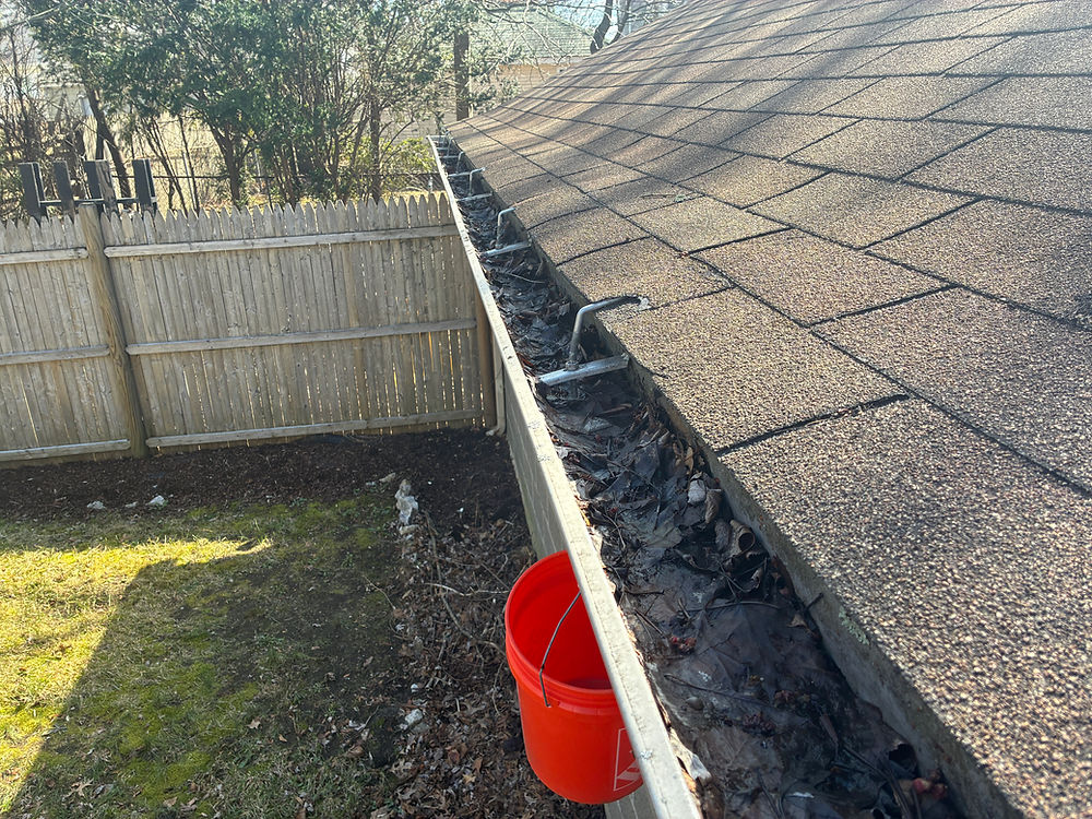 Gutter full of leaves needing local professional gutter cleaning.